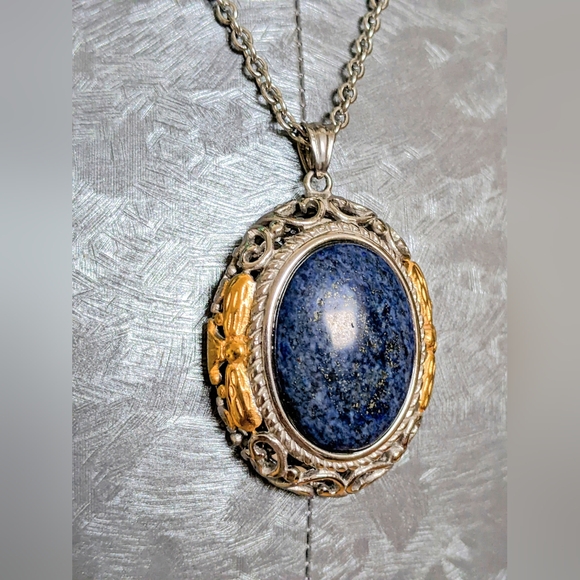 Lapis Lazuli oval gallery pendant stainless steel 18kt gold 20" chain nice NWOT - Picture 2 of 5